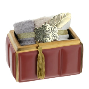 HERVIT Contenitore Rettangolare in Ceramica Bordeaux/Oro Con 3 Lavette in Cotone - 16x11x8cm