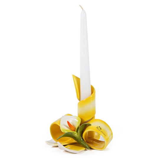 PORTACANDELA A FASCIA GIALLO CON FIORE