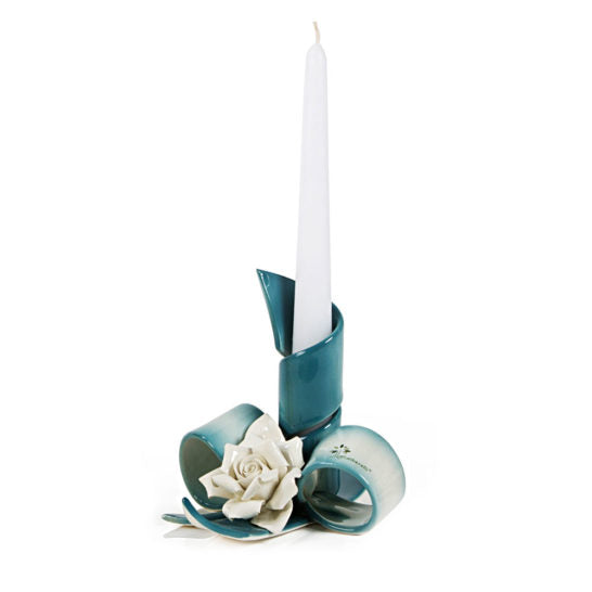 PORTACANDELA A FASCIA VERDE ARDESIA CON FIORE