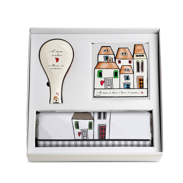 Set Grembiule + Sottopentola + Poggiamestolo Le Casette