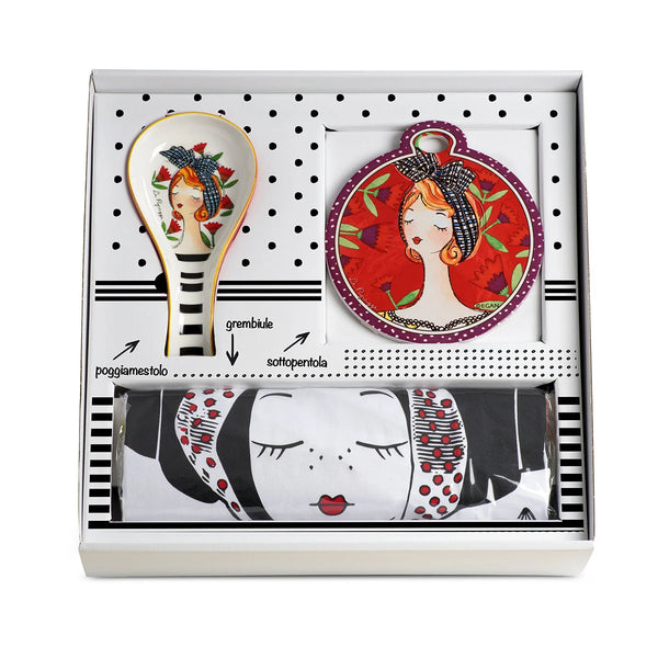 Set Grembiule, Sottopentola e Poggiamestolo Rosso Le Pupazze