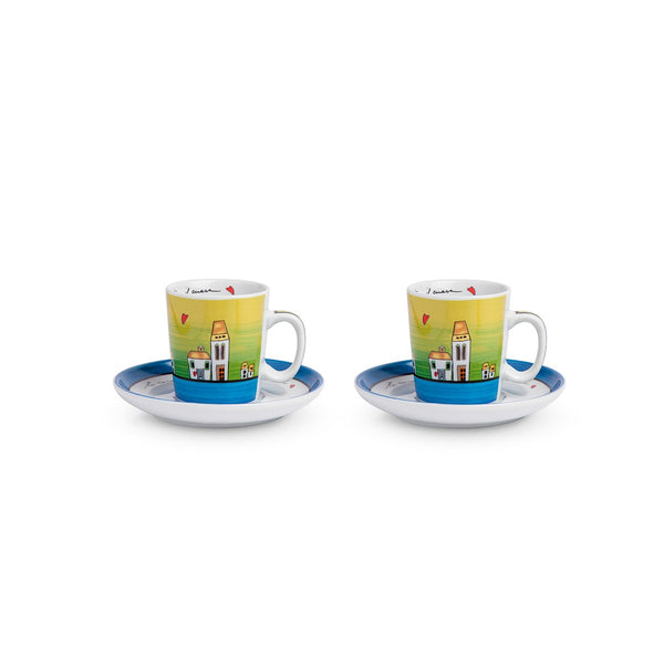 Set 2 Tazze caffè con piattini Le Casette blu