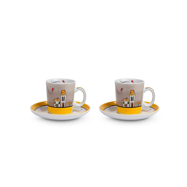 Set 2 Tazze caffè con piattini Le Casette giallo