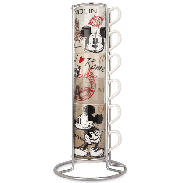 Set 6 Tazze Caffè Impilabili Mickey Mouse In the City con Metal Rack