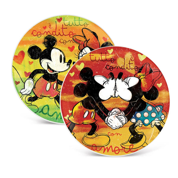 Set 2 Piatti Pizza Verde e Rosso Mickey Mouse e Minnie Mouse
